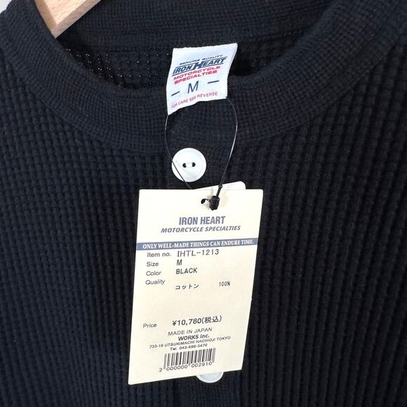 Iron Heart Waffle Knit Black Henley Long Sleeve Shirt M NEW Button Slim Pullover - Picture 6 of 7